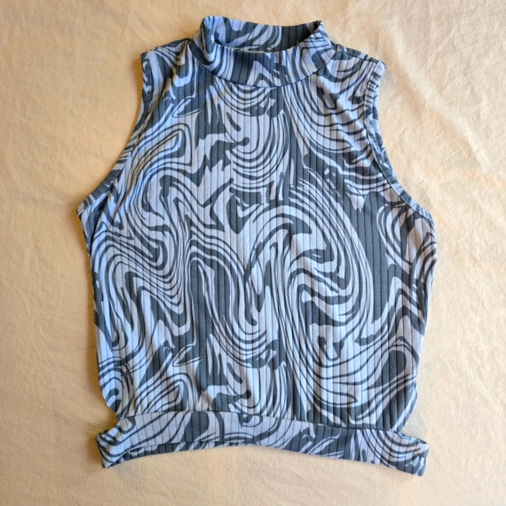 Cuidado Con el Perro Y2K 90s Blue Swirl Print Sleeveless Mockneck Top Cutouts